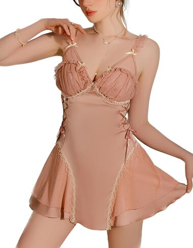 Women Sexy Satin Pajamas Bridal Baby Doll Lingerie Lace Nightgowns Ruched Mesh Sleepwear Ruffle A Line Lounge in Kuwait