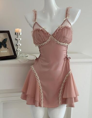 Women Sexy Satin Pajamas Bridal Baby Doll Lingerie Lace Nightgowns Ruched Mesh Sleepwear Ruffle A Line Lounge in Kuwait