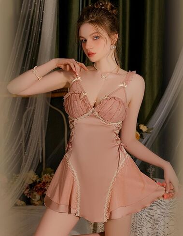 Women Sexy Satin Pajamas Bridal Baby Doll Lingerie Lace Nightgowns Ruched Mesh Sleepwear Ruffle A Line Lounge in Kuwait