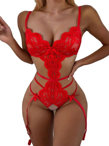Women's Deep V Teddy Lingerie Lace Cut Out Babydoll Bodysuit in Saudi Arabia