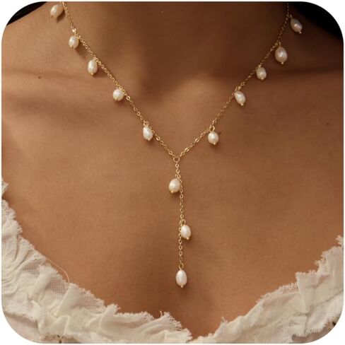 Gold Pearl Necklaces for Women, 14K Natural Freshwater Dainty Pearl Choker Necklaces for Women, Elegant Jewelry for Mom, Wife - Valentine's Day, Anniversary, Wedding Gift in Kuwait
