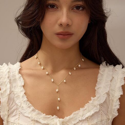 Gold Pearl Necklaces for Women, 14K Natural Freshwater Dainty Pearl Choker Necklaces for Women, Elegant Jewelry for Mom, Wife - Valentine's Day, Anniversary, Wedding Gift in Kuwait