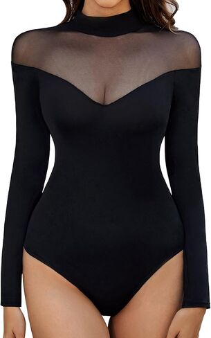 Aranmei Women’s Sexy Mock Turtle Neck Long Sleeve Shirts Sheer Mesh Geo Print Going Out Bodysuit Tops in Kuwait
