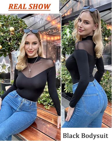 Aranmei Women’s Sexy Mock Turtle Neck Long Sleeve Shirts Sheer Mesh Geo Print Going Out Bodysuit Tops in Kuwait