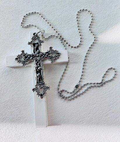 Gothic Double Cross Necklace Silver Plated Goth Vintage Necklace Y2K Long Dainty Cross Choker Necklace for Women Men Silver Non Tarnish Chrome Punk Heart Chain Link 2000s Jewelry in Kuwait