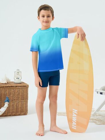 Haloumoning Boys Gradient Rash Guard Swim Shirt Short Sleeve UPF+ 50 Sun Shirts for Kids Rashguard Water Shirts in Saudi Arabia