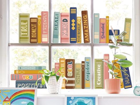 Hippie Boho Book Window Clings Book Print Window Stickers ملصقات زجاجية مزدوجة على الوجهين للعودة إلى المدرسة في المنزل ديكور مكتبة الفصل الدراسي ، 6 أوراق in Kuwait