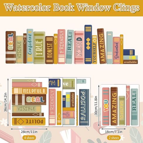 Hippie Boho Book Window Clings Book Print Window Stickers ملصقات زجاجية مزدوجة على الوجهين للعودة إلى المدرسة في المنزل ديكور مكتبة الفصل الدراسي ، 6 أوراق in Kuwait
