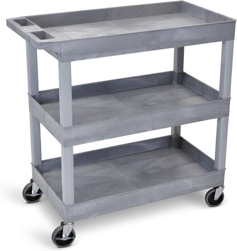 Stand Steady Tubstr 3 Shelf Utility Push Cart Supports Up to 300 lbs - Heavy-Duty Plastic Service Cart Great for Offices, Warehouse Storage, Garage Tools, and Kitchen Cleaning (Grey, 32 x 18) in Kuwait