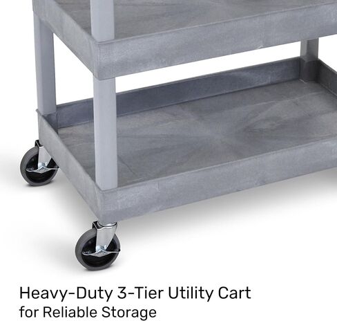 Stand Steady Tubstr 3 Shelf Utility Push Cart Supports Up to 300 lbs - Heavy-Duty Plastic Service Cart Great for Offices, Warehouse Storage, Garage Tools, and Kitchen Cleaning (Grey, 32 x 18) in Kuwait