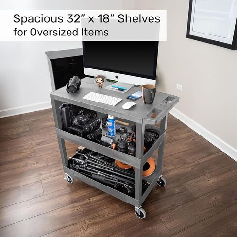 Stand Steady Tubstr 3 Shelf Utility Push Cart Supports Up to 300 lbs - Heavy-Duty Plastic Service Cart Great for Offices, Warehouse Storage, Garage Tools, and Kitchen Cleaning (Grey, 32 x 18) in Kuwait