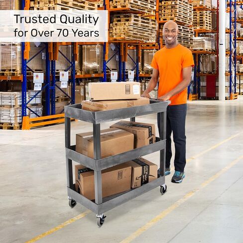 Stand Steady Tubstr 3 Shelf Utility Push Cart Supports Up to 300 lbs - Heavy-Duty Plastic Service Cart Great for Offices, Warehouse Storage, Garage Tools, and Kitchen Cleaning (Grey, 32 x 18) in Kuwait