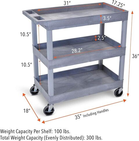 Stand Steady Tubstr 3 Shelf Utility Push Cart Supports Up to 300 lbs - Heavy-Duty Plastic Service Cart Great for Offices, Warehouse Storage, Garage Tools, and Kitchen Cleaning (Grey, 32 x 18) in Kuwait