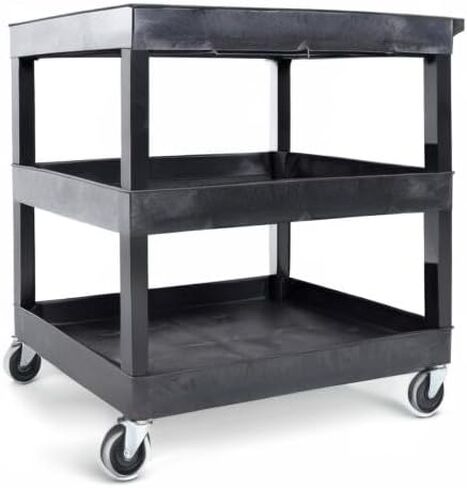 Stand Steady Tubstr 3 Shelf Utility Push Cart Supports Up to 300 lbs - Heavy-Duty Plastic Service Cart Great for Offices, Warehouse Storage, Garage Tools, and Kitchen Cleaning (Grey, 32 x 18) in Kuwait