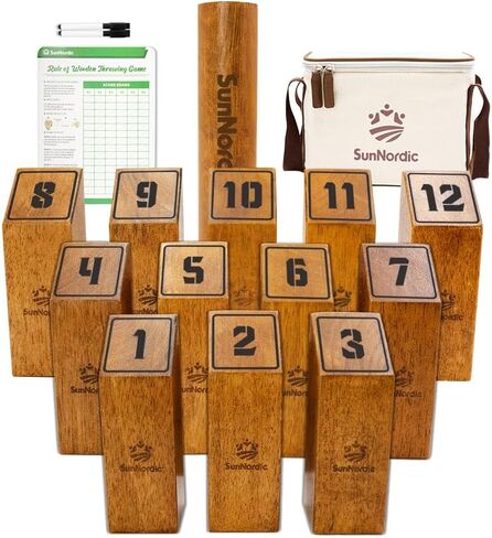 Wooden Throwing Game Set, Numbered Block Toss Games with 1 x Scoreboard,12 x Premium Rubber Wood Pins & 1 x Dowel, Outdoor Backyard Lawn Bowling Yard Game for Kids, Adults & Family in Saudi Arabia