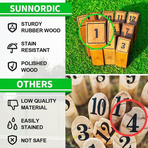 Wooden Throwing Game Set, Numbered Block Toss Games with 1 x Scoreboard,12 x Premium Rubber Wood Pins & 1 x Dowel, Outdoor Backyard Lawn Bowling Yard Game for Kids, Adults & Family in Saudi Arabia