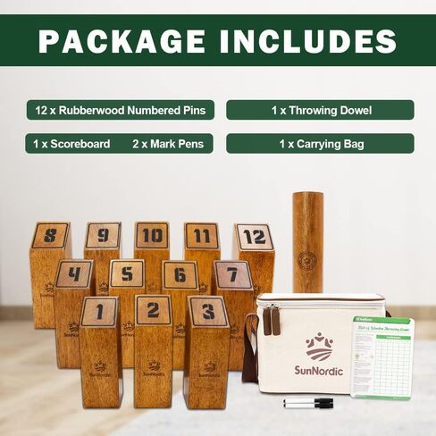 Wooden Throwing Game Set, Numbered Block Toss Games with 1 x Scoreboard,12 x Premium Rubber Wood Pins & 1 x Dowel, Outdoor Backyard Lawn Bowling Yard Game for Kids, Adults & Family in Saudi Arabia