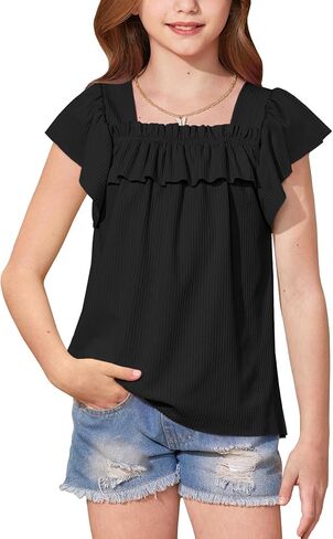 Besserbay Girls Summer Short Shuffle Squeve Neck Kint Top Losse Tee Tee Stand Strendy Blouse 5-14 Years in Saudi Arabia