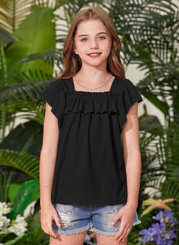 Besserbay Girls Summer Short Shuffle Squeve Neck Kint Top Losse Tee Tee Stand Strendy Blouse 5-14 Years in Saudi Arabia