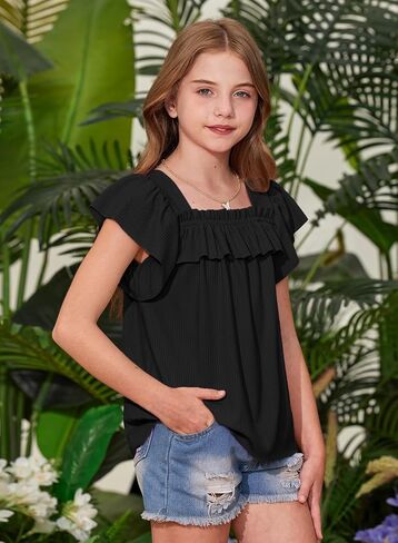 Besserbay Girls Summer Short Shuffle Squeve Neck Kint Top Losse Tee Tee Stand Strendy Blouse 5-14 Years in Saudi Arabia