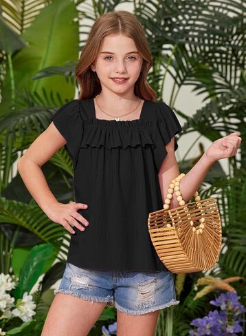 Besserbay Girls Summer Short Shuffle Squeve Neck Kint Top Losse Tee Tee Stand Strendy Blouse 5-14 Years in Saudi Arabia