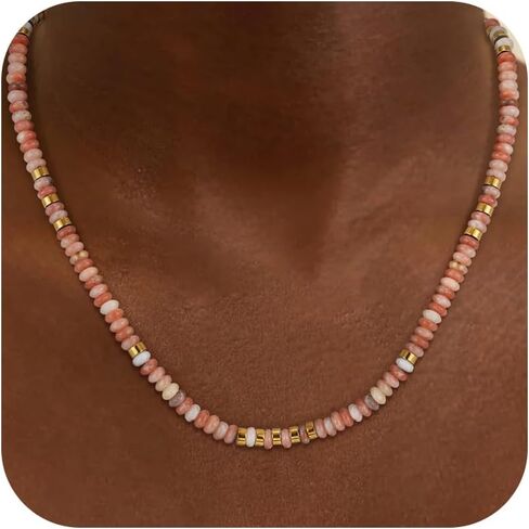 Boho Beaded Necklace for Women - Natural Turquoise Beaded Necklaces Choker Summer Beach Necklace Natural Cloroful Bead Necklaces for Teen Girls Handmade Boho Jewelry Birthday Gift in Kuwait