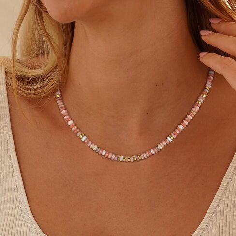 Boho Beaded Necklace for Women - Natural Turquoise Beaded Necklaces Choker Summer Beach Necklace Natural Cloroful Bead Necklaces for Teen Girls Handmade Boho Jewelry Birthday Gift in Kuwait