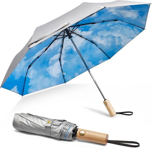 G4Free Windproof Travel Umbrella with Large Wooden Handle, UV Sun Protection & Rain Umbrella Automatic Open And Close, Compact 46" Large Canopy with UPF 50+, Lightweight Portable for Walking & Outdoor in Saudi Arabia