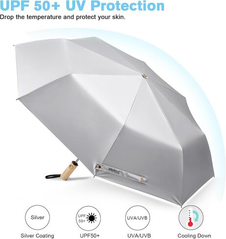 G4Free Windproof Travel Umbrella with Large Wooden Handle, UV Sun Protection & Rain Umbrella Automatic Open And Close, Compact 46" Large Canopy with UPF 50+, Lightweight Portable for Walking & Outdoor in Saudi Arabia