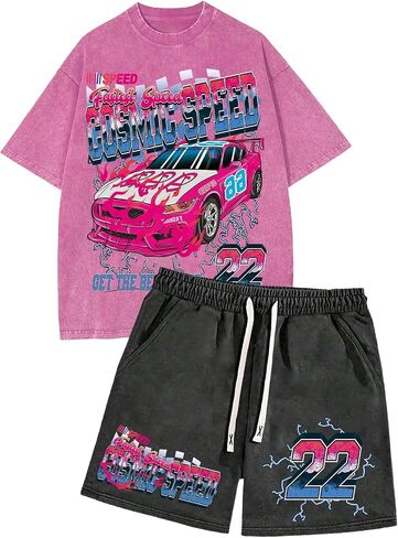 Men's 2 Piece Vintage Summer Outfits Car Graphic Short Sleeve T Shirt and Track Shorts Streetwear in Saudi Arabia
