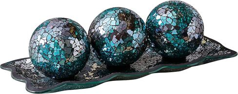 KMwares 3pcs 4" Decorative Orbs Balls Sphere with Mosaic Glass Decorative Tray Dish Plate Decor for Living Room or Dining Coffee Table Mantle Decor Centerpiece (Turquoise) in Kuwait