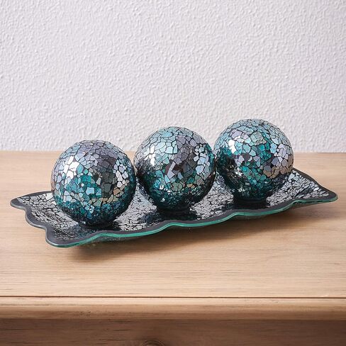 KMwares 3pcs 4" Decorative Orbs Balls Sphere with Mosaic Glass Decorative Tray Dish Plate Decor for Living Room or Dining Coffee Table Mantle Decor Centerpiece (Turquoise) in Kuwait