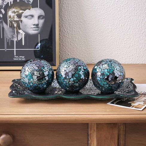 KMwares 3pcs 4" Decorative Orbs Balls Sphere with Mosaic Glass Decorative Tray Dish Plate Decor for Living Room or Dining Coffee Table Mantle Decor Centerpiece (Turquoise) in Kuwait