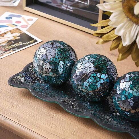 KMwares 3pcs 4" Decorative Orbs Balls Sphere with Mosaic Glass Decorative Tray Dish Plate Decor for Living Room or Dining Coffee Table Mantle Decor Centerpiece (Turquoise) in Kuwait
