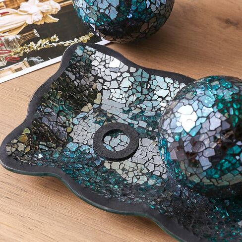 KMwares 3pcs 4" Decorative Orbs Balls Sphere with Mosaic Glass Decorative Tray Dish Plate Decor for Living Room or Dining Coffee Table Mantle Decor Centerpiece (Turquoise) in Kuwait