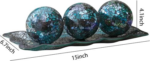 KMwares 3pcs 4" Decorative Orbs Balls Sphere with Mosaic Glass Decorative Tray Dish Plate Decor for Living Room or Dining Coffee Table Mantle Decor Centerpiece (Turquoise) in Kuwait