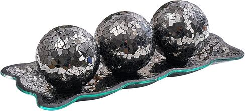 KMwares 3pcs 4" Decorative Orbs Balls Sphere with Mosaic Glass Decorative Tray Dish Plate Decor for Living Room or Dining Coffee Table Mantle Decor Centerpiece (Turquoise) in Kuwait
