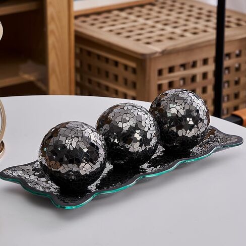 KMwares 3pcs 4" Decorative Orbs Balls Sphere with Mosaic Glass Decorative Tray Dish Plate Decor for Living Room or Dining Coffee Table Mantle Decor Centerpiece (Turquoise) in Kuwait