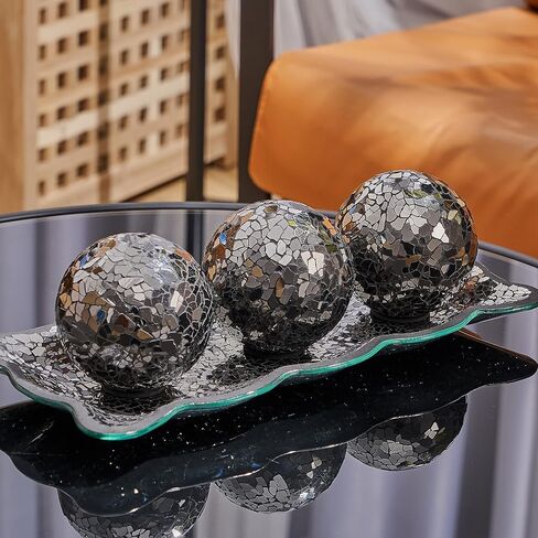 KMwares 3pcs 4" Decorative Orbs Balls Sphere with Mosaic Glass Decorative Tray Dish Plate Decor for Living Room or Dining Coffee Table Mantle Decor Centerpiece (Turquoise) in Kuwait
