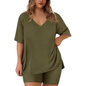 RITERA Plus Size 2 Piece Outfits For Women Shorts Sleeve Biker Shorts Summer Tracksuit V Neck Spilt Hem XL-5XL