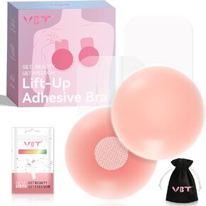 VBT Boob Tape Breast Lift Tape (3 inch, Beige) and Invisible Adhesive Bra (Medium, Round-Pink) Bundle Kit