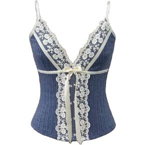 Coquette Aesthetic Camisole Spaghetti Strap Deep V Neck Lace Patchwork Knitted Skinny Crop Tank Top Vintage 90s
