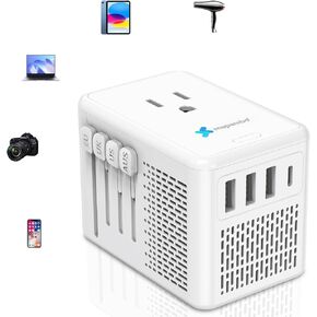 Mapambo 220V إلى 110 فولت محول الجهد لنا إلى أوروبا لمجفف الشعر مع 3 OSB Port 1 USB C الدولية الأوروبية المحول العالمي محول محول الطاقة في جميع أنحاء العالم (أبيض)