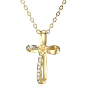 14k Real Gold Cross Necklace for Women Girls,Yellow Gold Cross Pendant Necklace Faith Jewelry Gifts for Birthday Christmas 16+2 inch