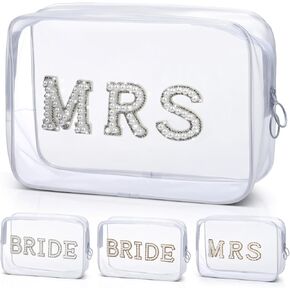Etercycle Bride Clear Makeup Bag, Bridal Shower Gifts Engagement Cosmetic Bag, Bling Pearl Rhinestone Letter Patches Waterproof PVC Travel Organizer for Women Wedding Bachelorette Party (Gold)