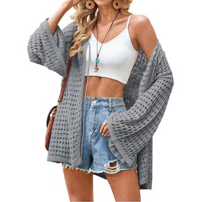 Angashion Women's Crochet Cardigan Sweaters Lightweight Knitted Long Batwing Sleeve Hollow Out Tie Front Boho Beach Cover Up