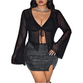 SHENHE Women's Plus Size Tie Front Sheer Mesh Bell Sleeve Shrug Bolero Cropped Top Coverup