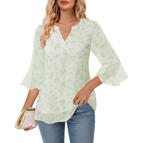 VALOLIA Womens 3/4 Sleeve Tops Dressy Casual Chiffon Blouses Floral Print V-Neck Work Office Shirts