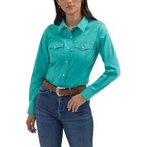 Women's Retro Long Sleeve Cool Blue Solid Western Shirt