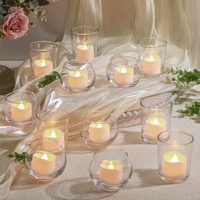 12 Set Assorted Votive Candle Holders with LED Tea Light Decorative Mercury Glass Votive Tealight Holder Flameless Battery Operated Wedding Centerpieces Bridal Party Table Decoration (Clear)
